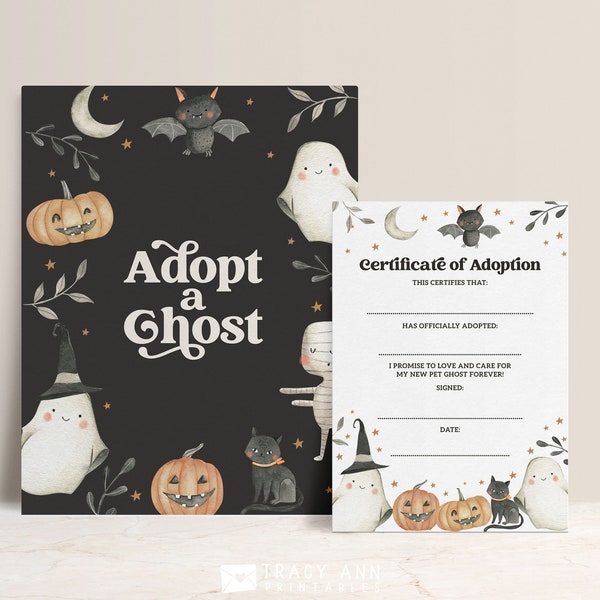 Adopt a Ghost Printable Sign and Certificate, Halloween Party Game, Spooky Birthday Adoption Game, Adoption Certificate for Ghost B103