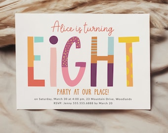 Girl 8th Birthday Invitation Template, Minimalist Fun Party Invite for Eight Year Old B100