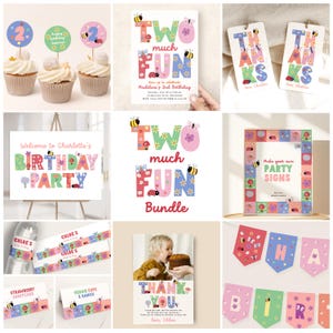 May include: A collection of birthday party supplies with a floral and insect theme. Includes cupcake toppers, invitations, thank you cards, a welcome sign, water bottle labels, and a banner. The text includes "Two Much Fun" and "Birthday Party".