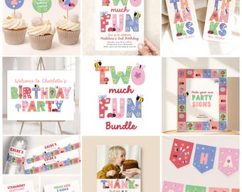 Two Much Fun Invitation Bundle, Editable Girl 2nd Birthday Party Favors and Decorations Set of Templates B378