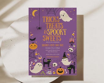 May include: Purple invitation featuring a spider, ghosts, and candy corn. The text reads "TRICKS TREATS & SPOOKY SWEETS" and "Join us to celebrate BRODIE'S 10TH BOO-DAY".