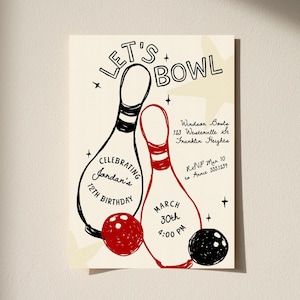 Uitnodiging bowlingfeest, handgetekende bowlingverjaardagsuitnodiging, bewerkbare Kids Bowling Party Evite, laten we bowlen uitnodiging B578