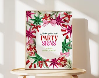 Könnte beinhalten: Ein gerahmter Druck mit festlichem Design. Das Kunstwerk zeigt einen weißen Hintergrund mit dem Text "Make your own PARTY SIGNS" in Rot und Schwarz. Das Design umfasst Aquarellillustrationen von Ornamenten, Schleifen und Sternen, perfekt für Partydekorationen.