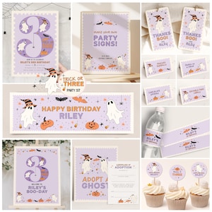 May include: A Halloween-themed party set featuring ghosts, pumpkins, and bats in purple and orange. Includes a birthday invitation, party signs, gift tags, food labels, water bottle wrappers, an adoption certificate, and cupcake toppers.