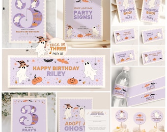 May include: A Halloween-themed party set featuring ghosts, pumpkins, and bats in purple and orange. Includes a birthday invitation, party signs, gift tags, food labels, water bottle wrappers, an adoption certificate, and cupcake toppers.