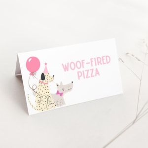 Tentes de nourriture de fête roses pour chiots, étiquettes de nourriture imprimables pour l'anniversaire d'un chien, décorations d'anniversaire de petite fille, modèle de marque-place pour fête des chiots B939