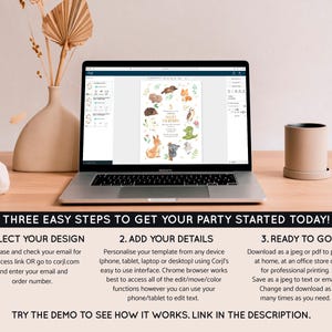May include: A laptop displays a birthday party invitation template with animal illustrations. The screen shows a design with a number 5 and various woodland creatures. The text below the laptop reads: "THREE EASY STEPS TO GET YOUR PARTY STARTED TODAY!"