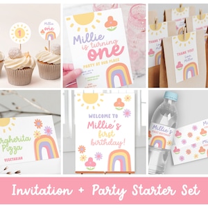 Set per feste di 1° compleanno con arcobaleno pastello, decorazioni per la festa del primo compleanno di una bambina, inviti e decorazioni stampabili per l&#39;estate, sole 8361