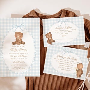 Suite d'invitations baby shower ours, invitation baby shower garçon et cartes pour cadre, livres ours en peluche pour carte de bébé, billet de tombola couches B980