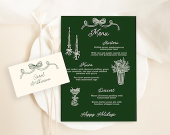 May include: A dark green menu card and place card with white line art. The menu lists starters, mains, and dessert options. The place card reads "Carol Wilkinson". The menu is decorated with bow and ribbon designs and the words "Happy Holidays".