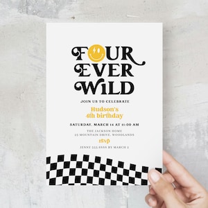 Four Ever Wild Invitation,  Boy 4th Birthday Party Invitation, Smiley Face Invite Printable, Editable Retro 4th Birthday Evite B381