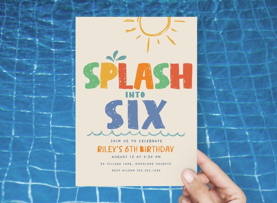 Splash into Six Birthday Invitation, 6th Birthday Pool Party Invite, Boy Birthday Evite Template, Hand Drawn Summer Swim Party Invite B762