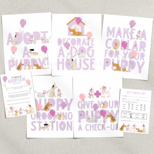 May include: A set of puppy-themed cards with dog illustrations, balloons, and party hats. The cards have phrases such as "Adopt a Puppy" and "Give Your Puppy a Check-Up" in purple text. Includes a vet check-up card and adoption certificate.