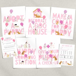 May include: A set of pink and white puppy-themed stationery. The set includes cards with phrases like "Adopt a Puppy" and "Give Your Puppy a Check-Up," along with illustrations of dogs, balloons, and a dog house.
