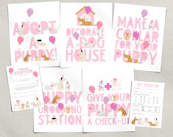 Puppy Dog Birthday Party Signs, Printable Girl Birthday Party Games, Adopt a Puppy Sign, Certificate, Vet Check Up, Decorate a Collar B939