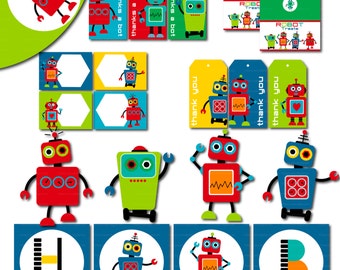 Printable Robot Party Set  - Birthday Banner,  Cupcake Toppers, Hats and more. Instant Download - Set 2 1122