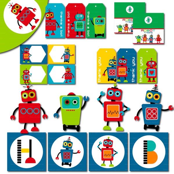 Printable Robot Party Set  - Birthday Banner,  Cupcake Toppers, Hats and more. Instant Download - Set 2 1122