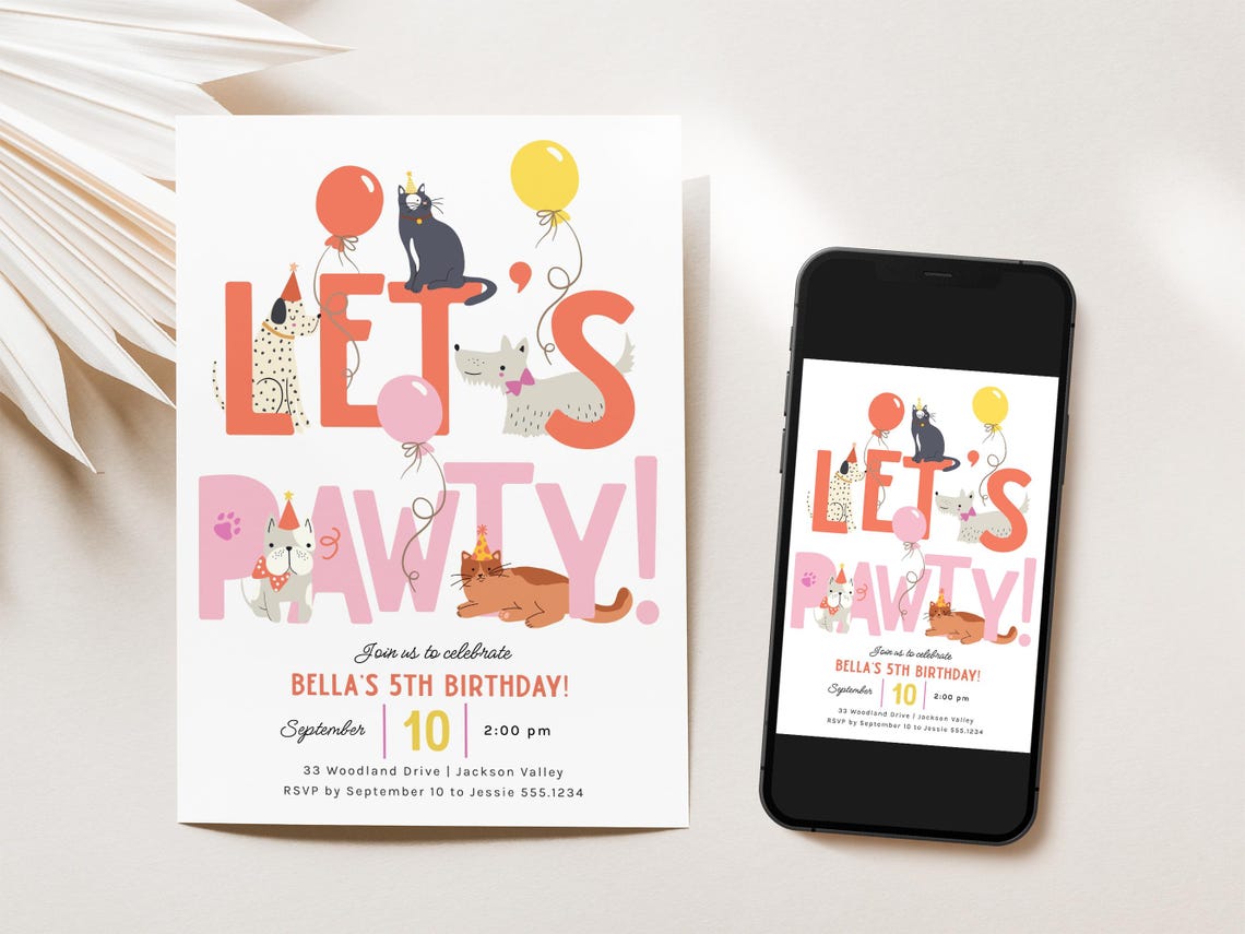 Pet Birthday Party Invitation, Let's Pawty Cats and Dogs Birthday ...