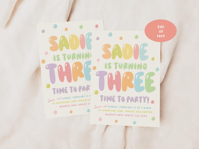 Balloon 3rd Birthday Invitation, Girl Third Birthday Party Invite