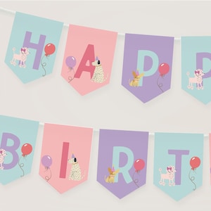 Puppy Party Bunting, Girl Dog Birthday Party Banner, Printable Happy Birthday Banner Template, Puppy Pawty Decorations Editable B969