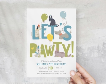 Peut inclure: Une carte d'invitation blanche avec le texte "LET'S PAWTY!" et des illustrations de chiens et de chats avec des ballons. La carte comprend également le texte "WILLIAM'S 5TH BIRTHDAY!" et les détails de l'événement.