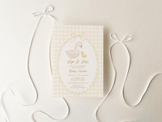 Goose Baby Shower Invitation, Editable Gingham Sip and See Party Invite Template B865