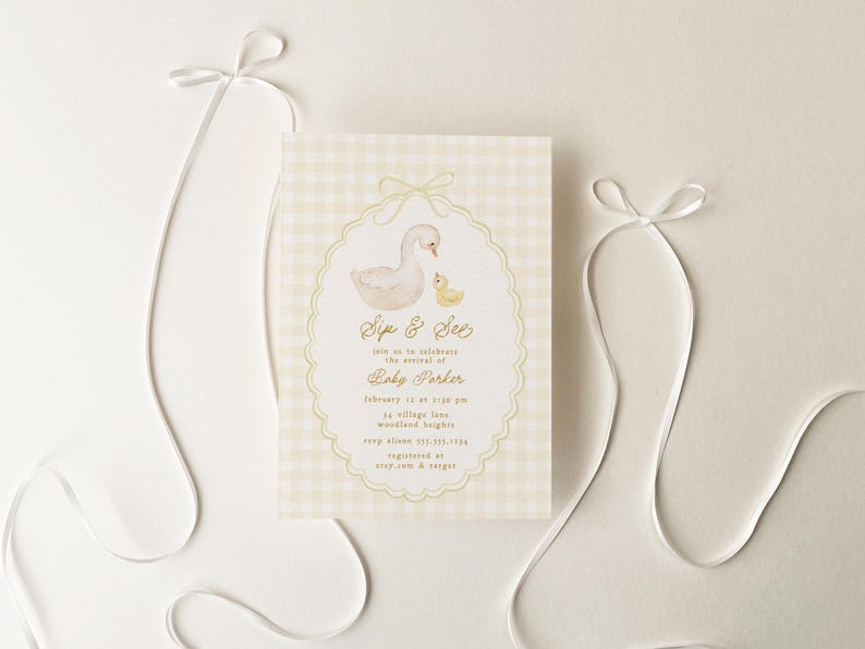 Goose Baby Shower Invitation, Editable Gingham Sip and See Party Invite Template B865 image 1