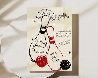 May include: A bowling-themed birthday party invitation with a black and white illustration of two bowling pins and a red and white bowling ball. The text on the invitation reads "Let's Bowl", "Celebrating Jordan's 12th Birthday", "March 30th, 4:00 PM", "RSVP Mar 10 to Annie 5551239", "Windsor Boula, 123 Westenntle St, Franklin Heights".