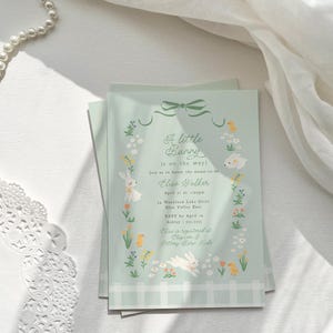 Pu&ograve; includere: Un invito a una festa di nascita di colore azzurro chiaro con un bordo verde e fiori bianchi. Il testo recita "Un piccolo coniglietto &egrave; in arrivo!" e "Unisciti a noi per onorare la denominazione di Elise Walker".