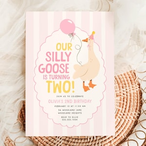 Silly Goose Birthday Invitation, Whimsical Two Silly Girl 2nd Birthday Party Invitation Template, Editable Cute Pink Goose Evite  B879