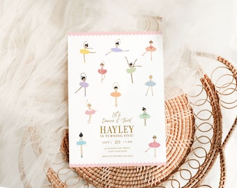 May include: A pink and white invitation with a gold border. The invitation features a cartoon ballerina with the text "Let's Dance & Twirl Hayley is turning five! Sept 20 | 1 PM 22 Woodland Drive East Junction RSVP to Wendy 335-1234"