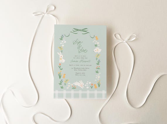 Bunny Sip and See Invitation, Easter Baby Shower Gender Neutral Invite Template B915