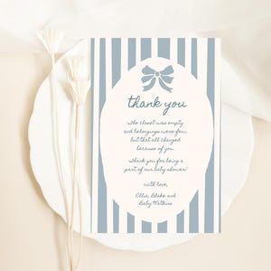 Biglietto di ringraziamento per baby shower, modello per biglietto di ringraziamento con fiocco, decorazioni moderne per baby shower stampabili, biglietto a righe per baby shower C044