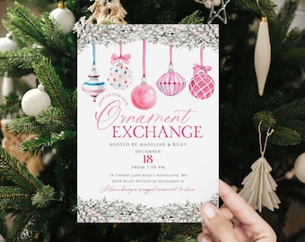 May include: A white invitation card for an ornament exchange, featuring watercolor illustrations of pink and blue Christmas ornaments. The card includes the text "Ornament Exchange" and event details.