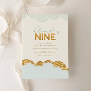 Cloud Nine Birthday Invitation, Girl 9th Birthday Party Invite Template, Editable Kids Ninth Birthday Evite B126