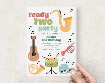 Ready Two Party Music Invitation, Musical Instruments 2nd Birthday Invite or Evite  B870