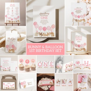 Pink Bunny 1st Birthday Set, Editable Girl First Birthday Party Bundle, Printable Invitation and Decor for Bunny Rabbit Birthday B139