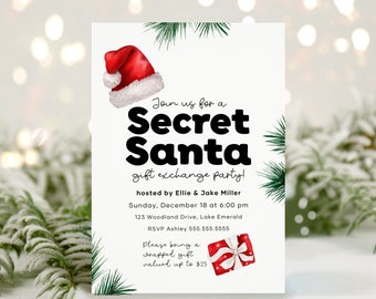May include: A Secret Santa gift exchange party invitation. The design features a watercolor Santa hat and a wrapped gift illustration. Text includes event details: date, time, location, and RSVP information. Green sprigs frame the invitation.