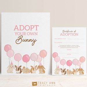 Adopt a Bunny Party Game, Editable Pink Bunny Rabbit Adoption Certificate and Sign B139
