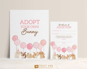 Jeu de société Adoptez un lapin, certificat d'adoption de lapin rose modifiable et panneau B139