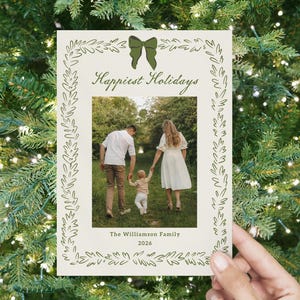 Christmas Photo Card, Green Bow Holiday Card Template, Editable Hand Drawn Merry Christmas Card B294