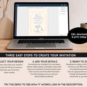 May include: A laptop computer screen displaying a website with instructions on how to create an invitation. The website has a light blue background with white text and a yellow graphic of a cocktail glass with lemons. The text on the screen reads "Three Easy Steps to Create Your Invitation".