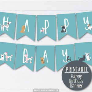 Blue Puppy Happy Birthday Banner,  Dog Birthday Banner,Puppy Dog  Birthday Bunting, Birthday Decor, Instant Download 1581blue