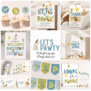 Puppy Birthday Invitation Set,Dog Birthday Party Bundle for Boy, Editable Dog Party Decorations, Blue & Green Kids Party Templates B925
