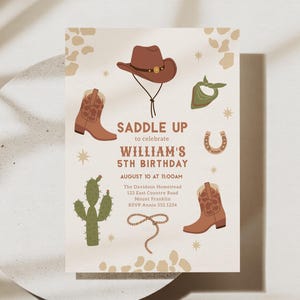 Invito di compleanno da cowboy, invito per festa di compleanno nel selvaggio West, modello di invito per festa di compleanno per ragazzi western, invito per compleanno da rodeo B812