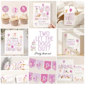 Dog 2nd Birthday Invitation Bundle, Two Let The Dogs Out Invitation Template, Editable Puppy Party Decorations Set, Girl Birthday Decor B936