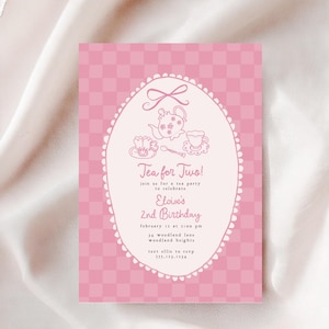 Tee-Party Einladung, Mädchen 2. Geburtstags-Einladung, Hand gezeichnete Teeparty einladen, Hand geschriebene rosa Mädchen-zweite Geburtstags-Party Evite B962