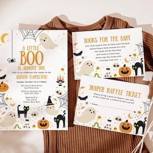 Halloween Baby Shower Invitation, A Little Boo Is Almost Due Baby Shower Invite, Books for Baby Insert Card, Diaper Raffle Ticket C081