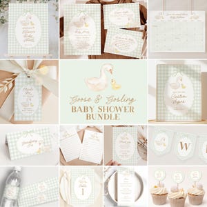 Goose Baby Shower Invitation Set, Sage Green Gingham Baby Shower Decorations Bundle, Gender Neutral Baby Shower Favors, Signs, Banner B868