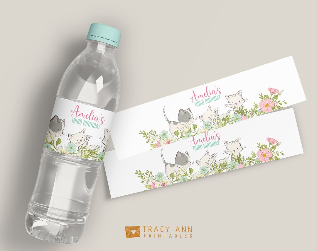 Cat Water Bottle Label Template Girl 3rd Birthday Editable Bottle ...